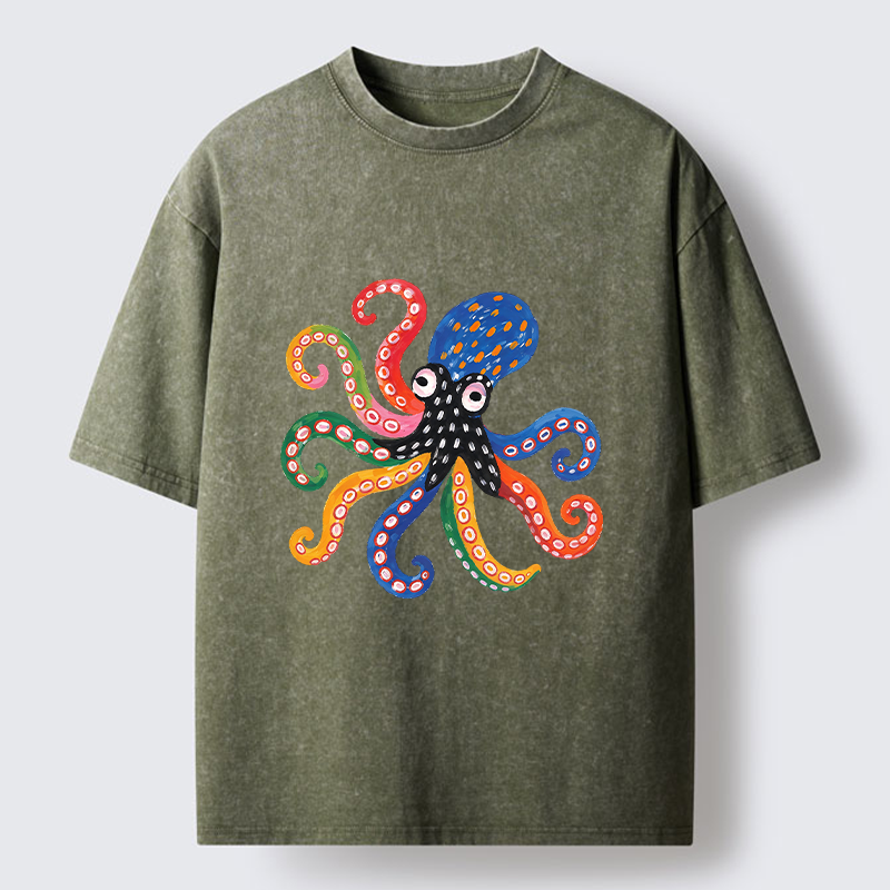 Tokyo-Tiger Bright Rainbow Octopus Washed T-Shirt