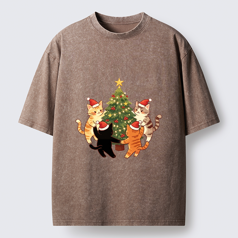 Tokyo-Tiger Cat Christmas Tree Party Washed T-Shirt