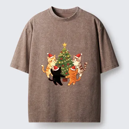 Tokyo-Tiger Cat Christmas Tree Party Washed T-Shirt