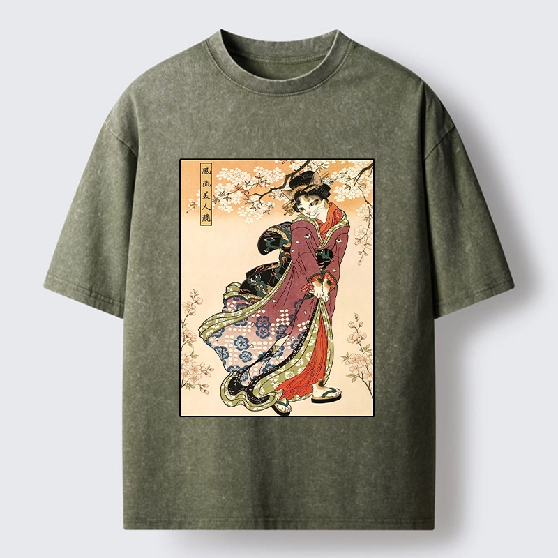 Tokyo‑Tiger Kimono Cat Art Washed T‑Shirt
