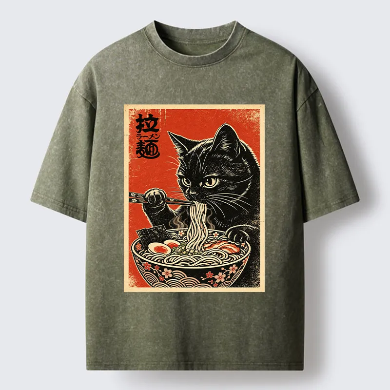 Tokyo-Tiger Japanese Ramen Cat Art Washed T-Shirt