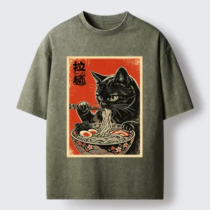 Tokyo-Tiger Japanese Ramen Cat Art Washed T-Shirt