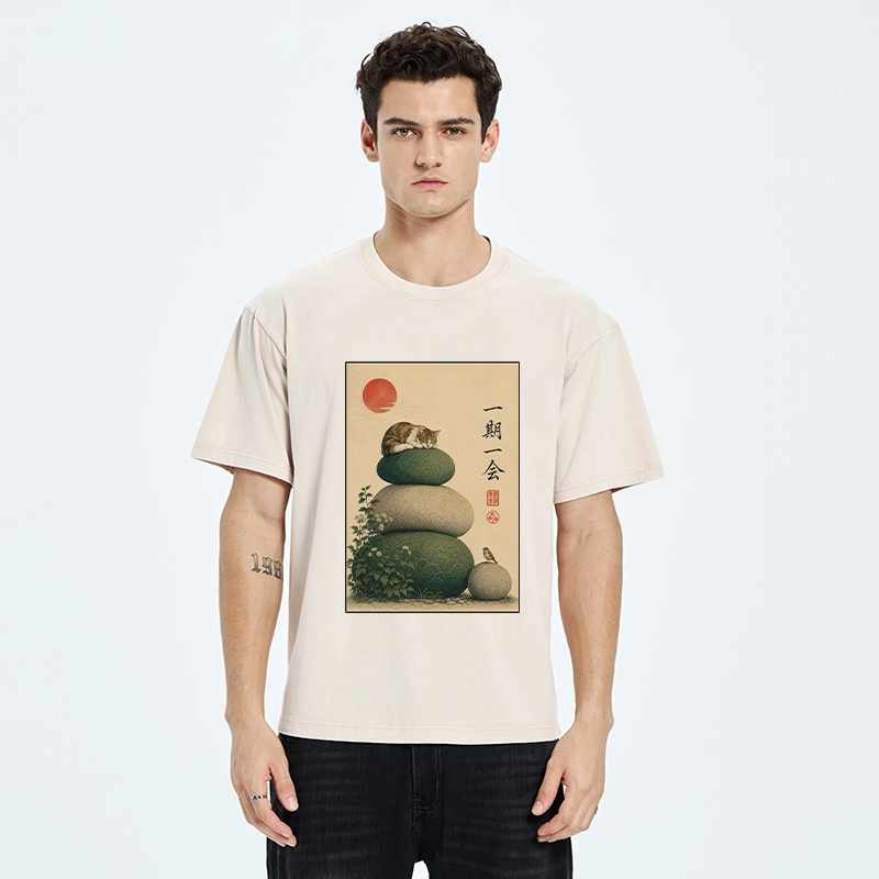 Tokyo-Tiger Peaceful Sleep Kitty Zen Garden Graphic Washed T-Shirt