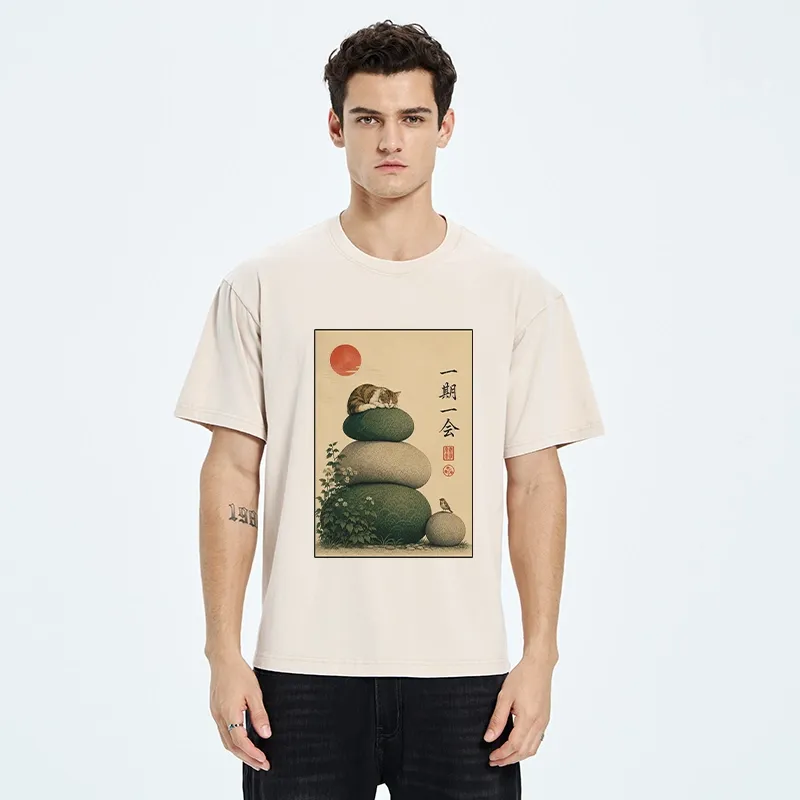 Tokyo-Tiger Peaceful Sleep Kitty Zen Garden Graphic Washed T-Shirt