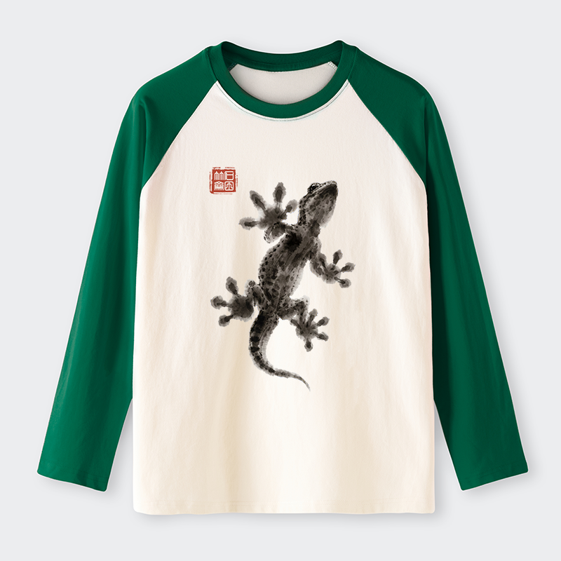 Tokyo-Tiger Minimal Asian Ink Brush Gecko Vibe Raglan Long Sleeve T-shirt