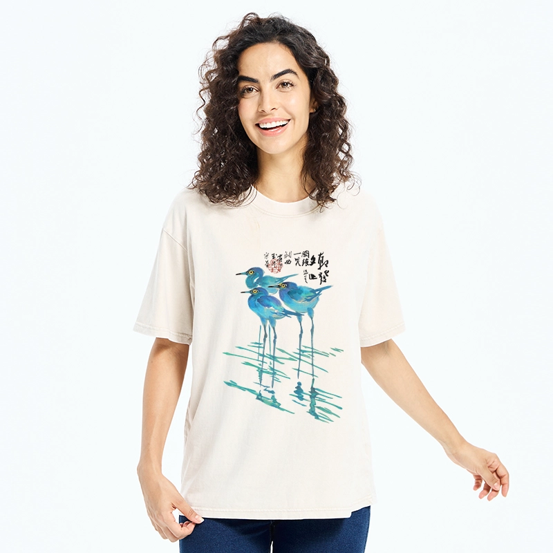 Tokyo-Tiger Watercolor Herons In Reeds Washed T-Shirt
