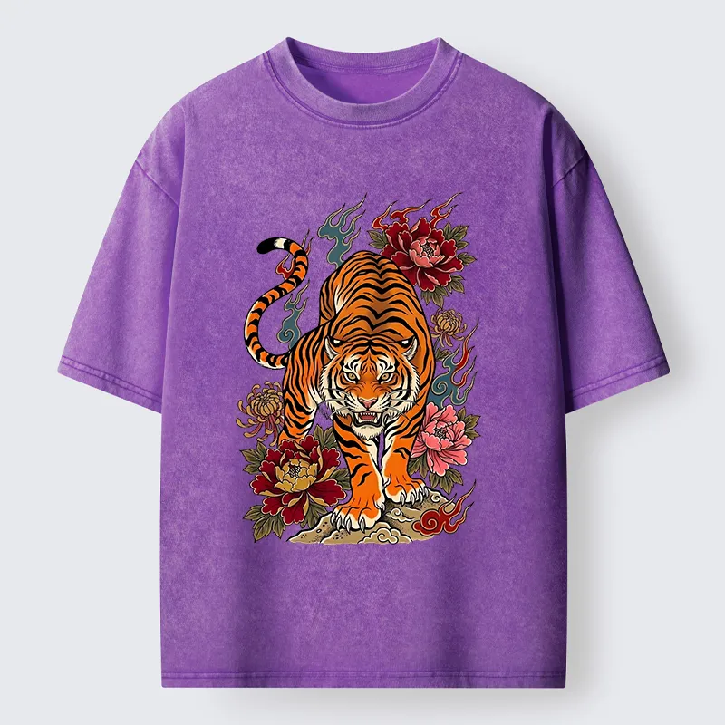 Tokyo-Tiger Floral Tiger Art Washed T-Shirt