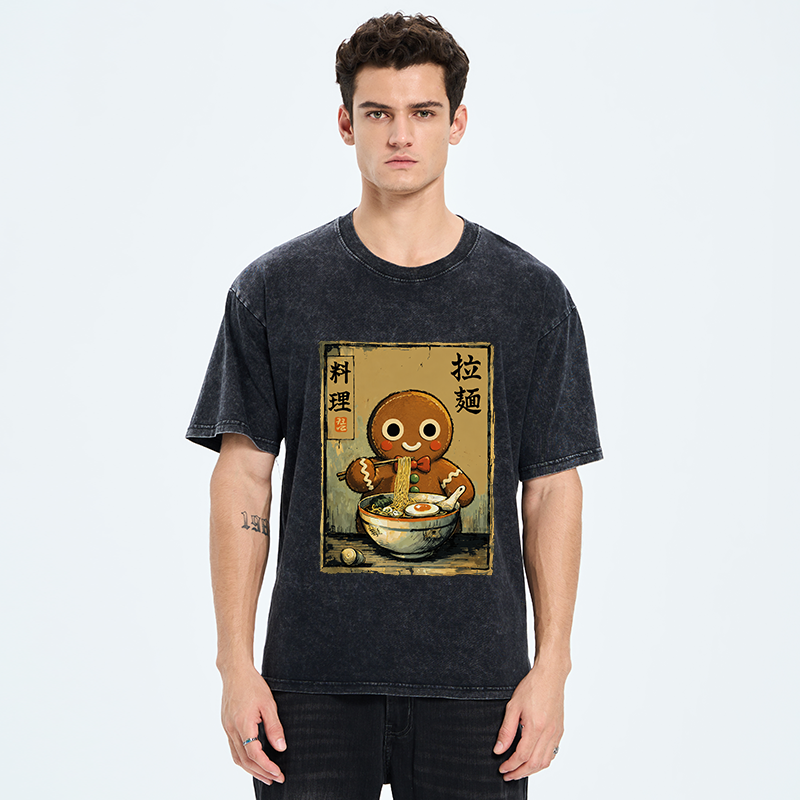 Tokyo-Tiger Funny Gingerbread Eating Ramen Washed T-Shirt