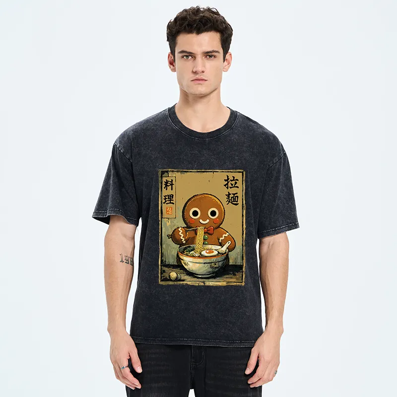 Tokyo-Tiger Funny Gingerbread Eating Ramen Washed T-Shirt