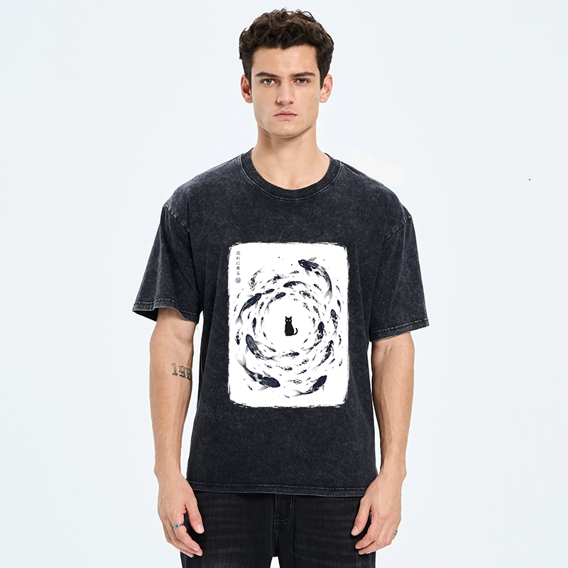 Tokyo-Tiger Traditional Japanese Carp Circle Cat Washed T-Shirt