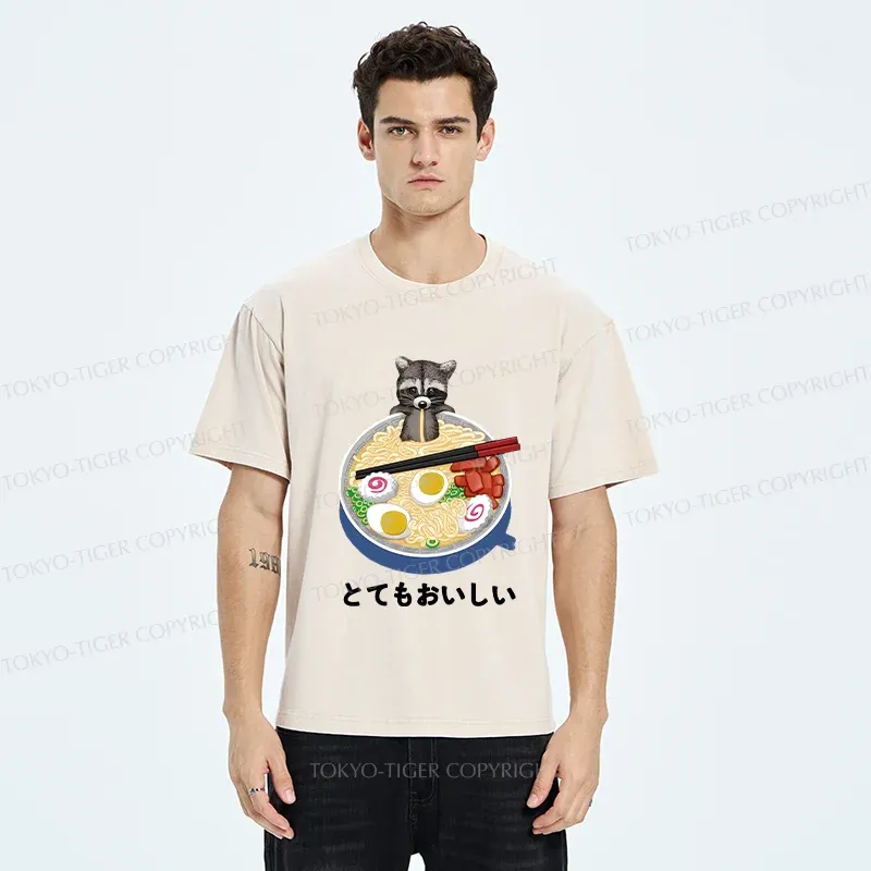 Tokyo-Tiger Raccoon Eating Ramen Washed T-Shirt