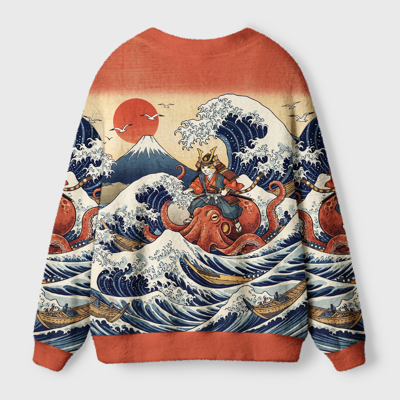 Tokyo-Tiger Ukiyo-E Samurai Cat Riding Octopus Ugly Cardigan Sweater