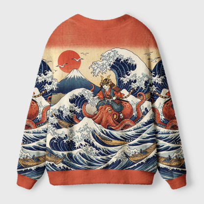 Tokyo-Tiger Ukiyo-E Samurai Cat Riding Octopus Ugly Cardigan Sweater
