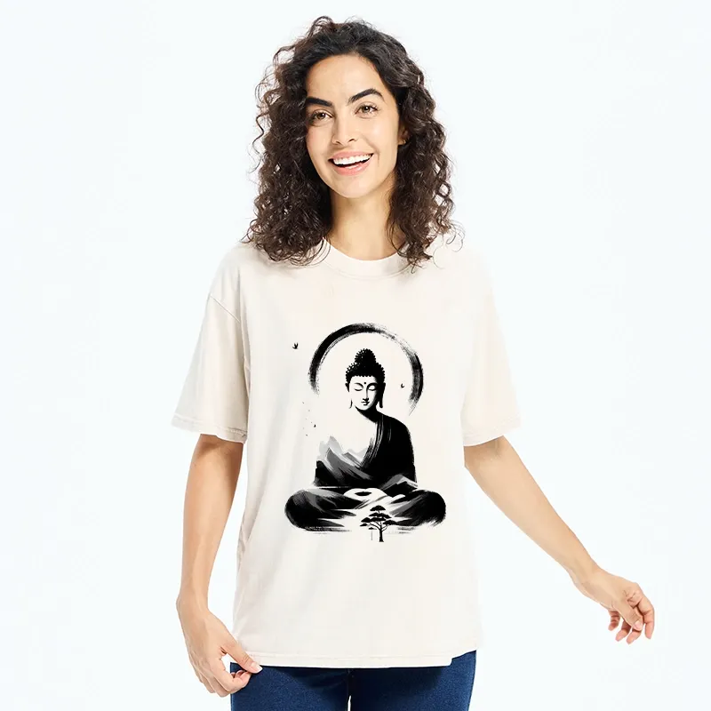 Tokyo-Tiger Serene Mountain Buddha Zen Art Washed T-Shirt