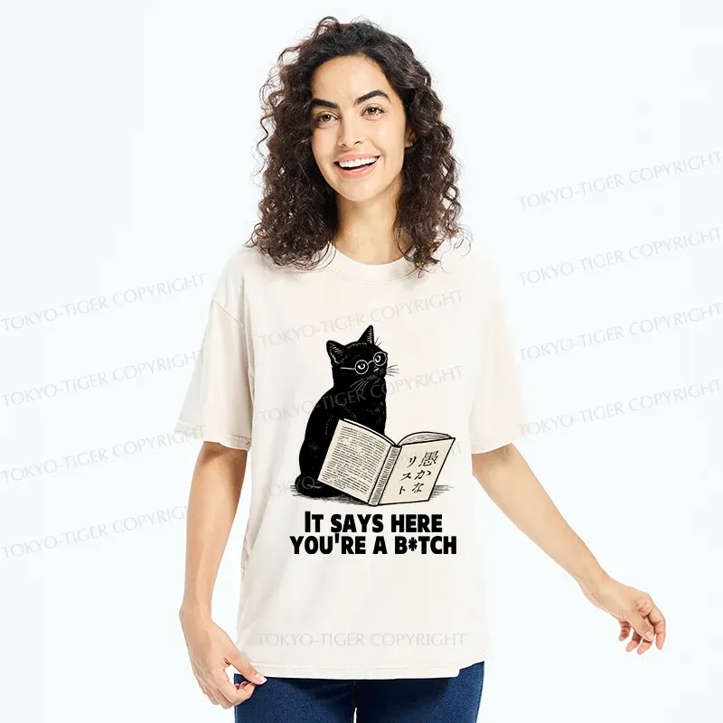 Tokyo-Tiger Black Cat With Glasses Washed T-Shirt