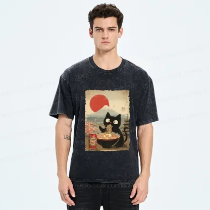 Tokyo-Tiger Cat Eating Ramen And Drinking Beer Washed T-Shirt