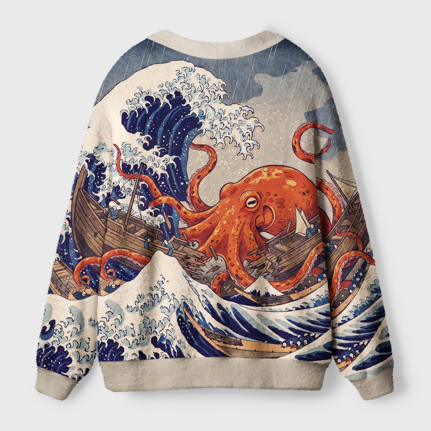 Tokyo-Tiger Japanese Sea Monster Octopus Vintage Wave Ugly Cardigan Sweater