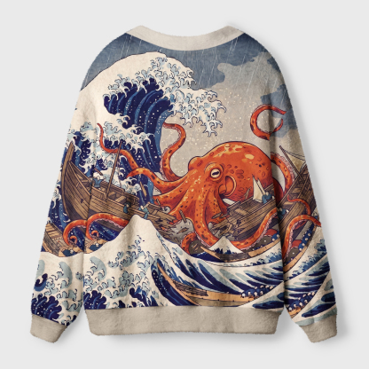 Tokyo-Tiger Japanese Sea Monster Octopus Vintage Wave Ugly Cardigan Sweater