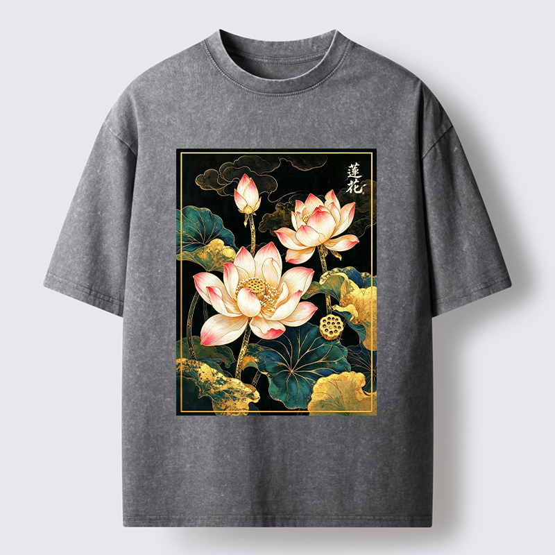 Tokyo-Tiger Oriental Lotus Print Washed T-Shirt