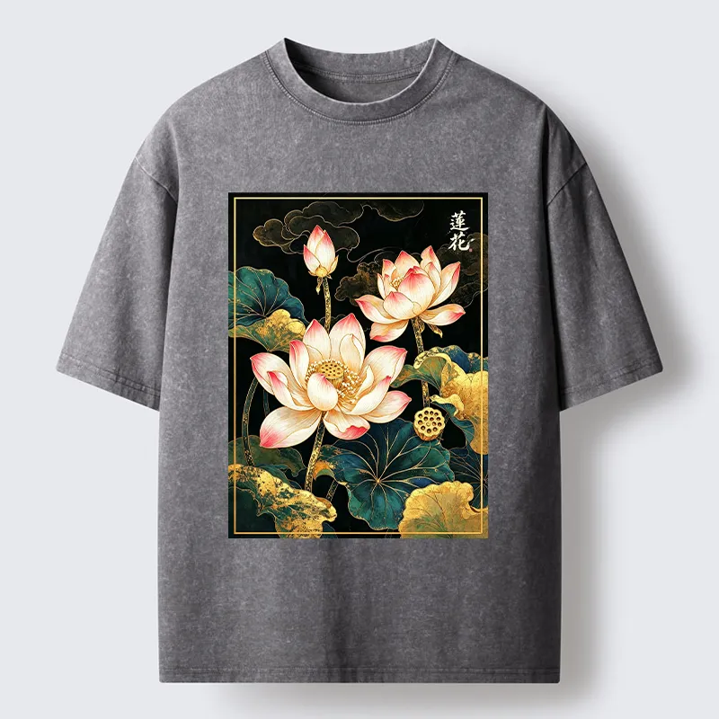 Tokyo-Tiger Oriental Lotus Print Washed T-Shirt