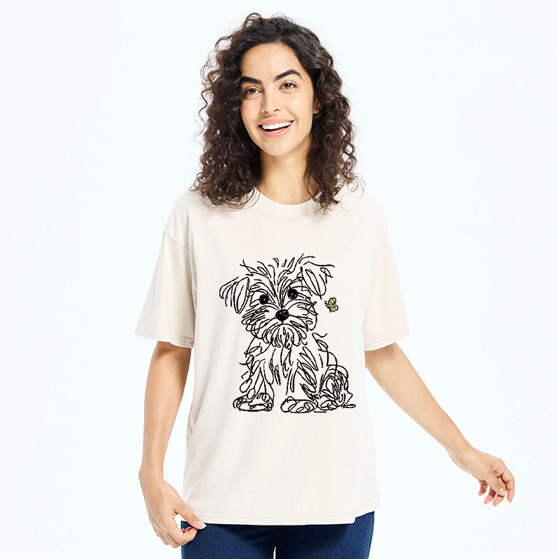 Tokyo-Tiger Simple Line Dog Tiny Butterfly Washed T-Shirt