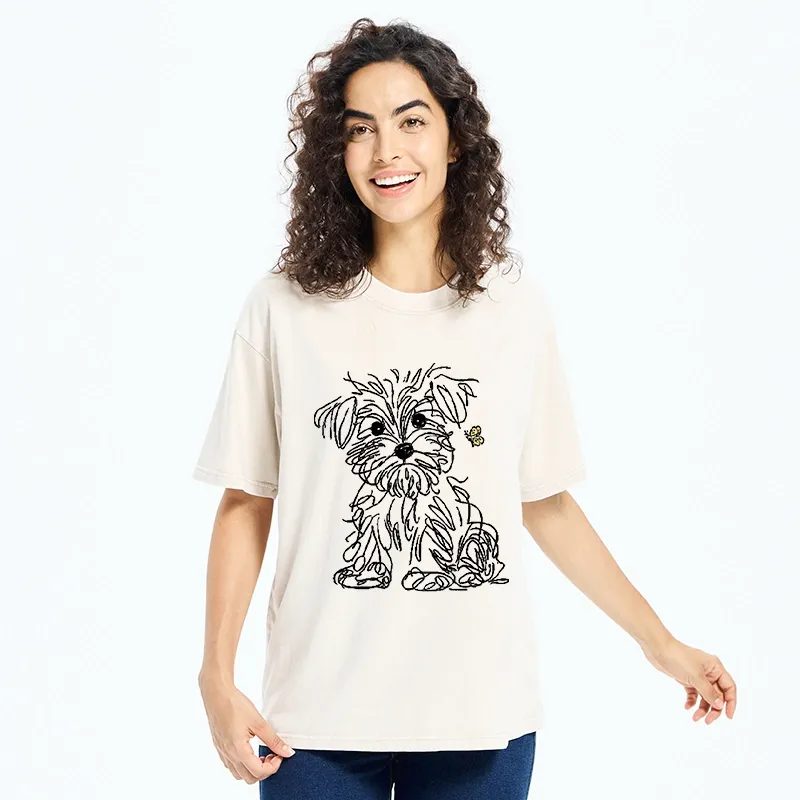 Tokyo-Tiger Simple Line Dog Tiny Butterfly Washed T-Shirt
