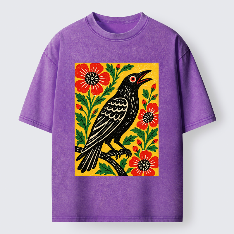 Tokyo-Tiger Vintage Crow Flower Folk Art Washed T-Shirt