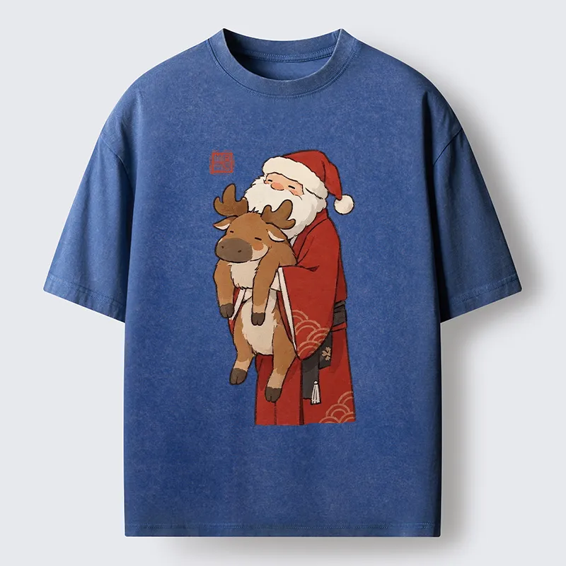 Tokyo‑Tiger Kimono Santa Hug Moose Washed T‑Shirt