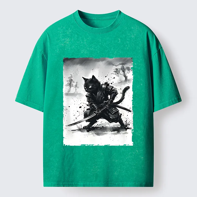 Tokyo-Tiger Ink Samurai Cat Art Washed T-Shirt