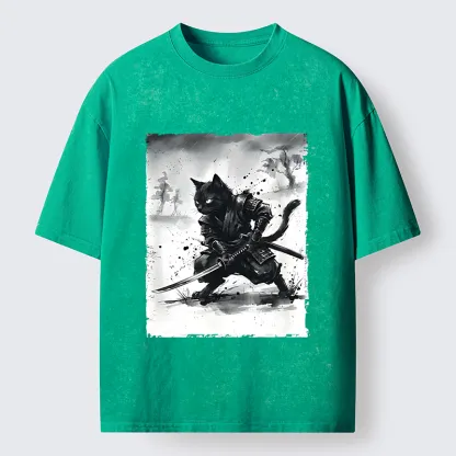 Tokyo-Tiger Ink Samurai Cat Art Washed T-Shirt