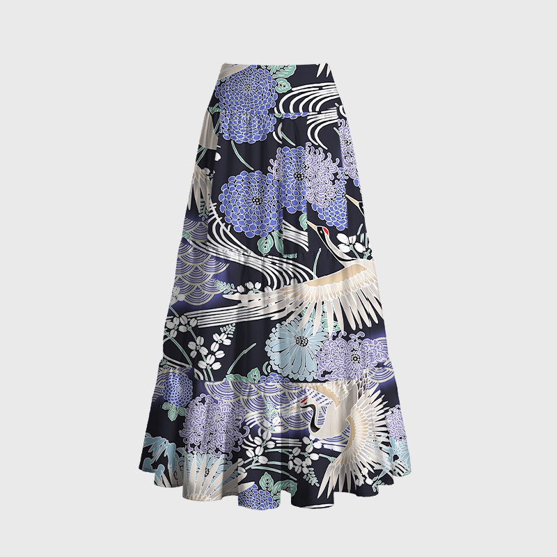 Tokyo-Tiger Cranes And Blooms Maxi Skirt