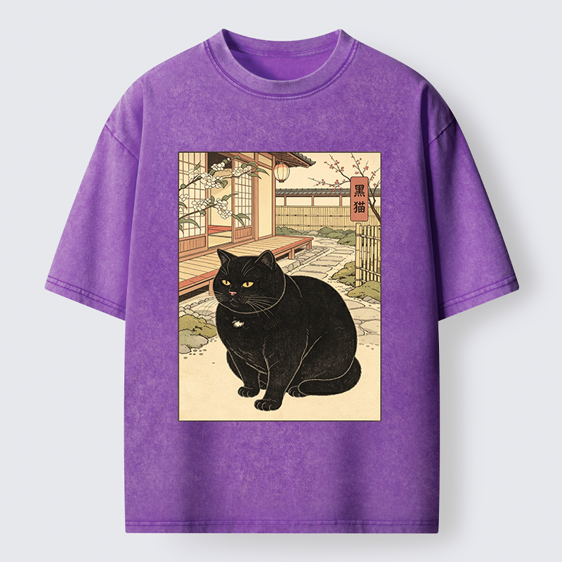 Tokyo‑Tiger Fat Cat In The Yard Washed T‑Shirt