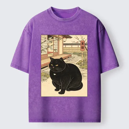 Tokyo‑Tiger Fat Cat In The Yard Washed T‑Shirt