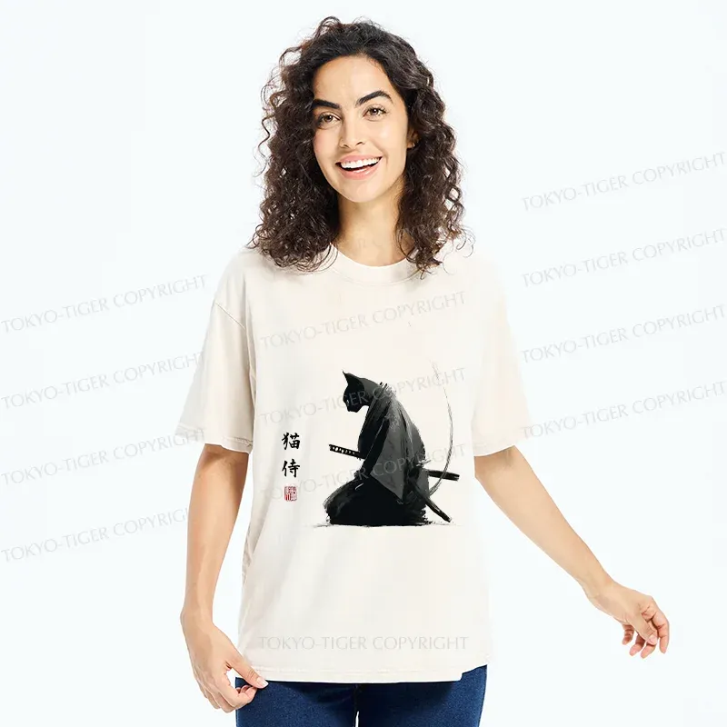Tokyo-Tiger Kneeling Cat Samurai Washed T-Shirt