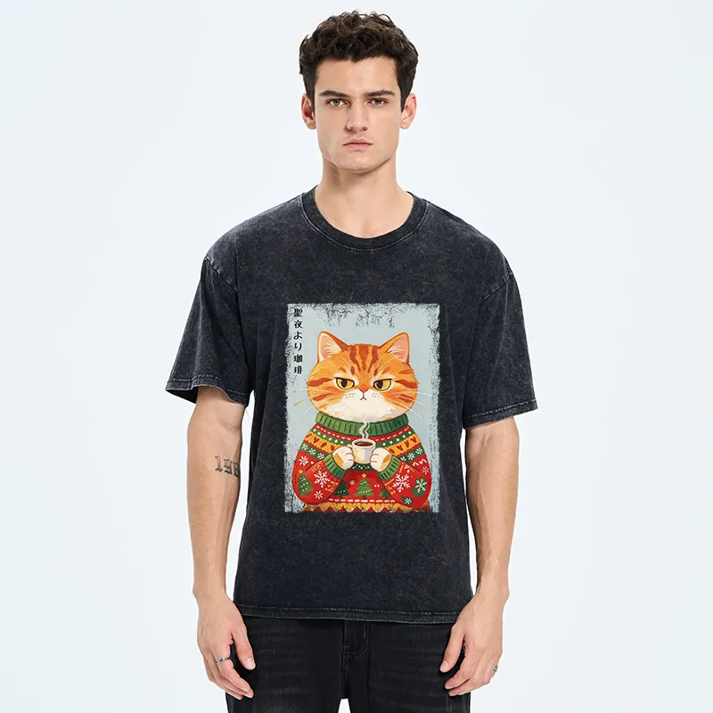Tokyo-Tiger Christmas Coffee Cat Art Washed T-Shirt