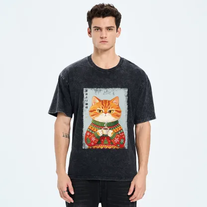 Tokyo-Tiger Christmas Coffee Cat Art Washed T-Shirt