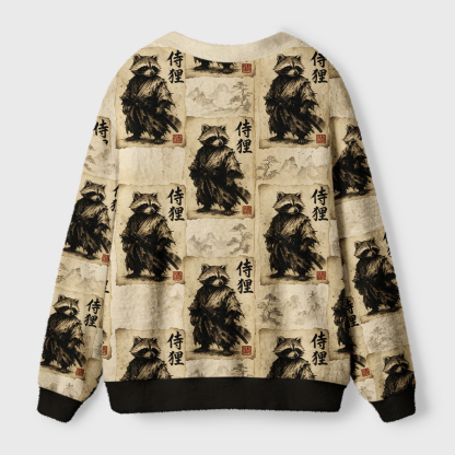 Tokyo-Tiger Retro Raccoon Samurai Ugly Cardigan Sweater