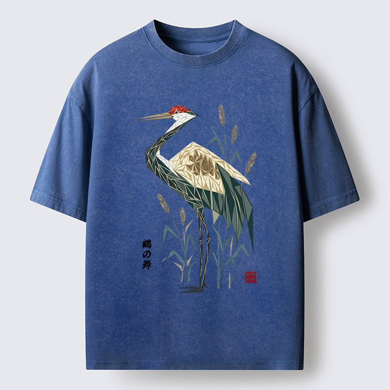 Tokyo-Tiger Geometric Crane Oriental Art Washed T-Shirt