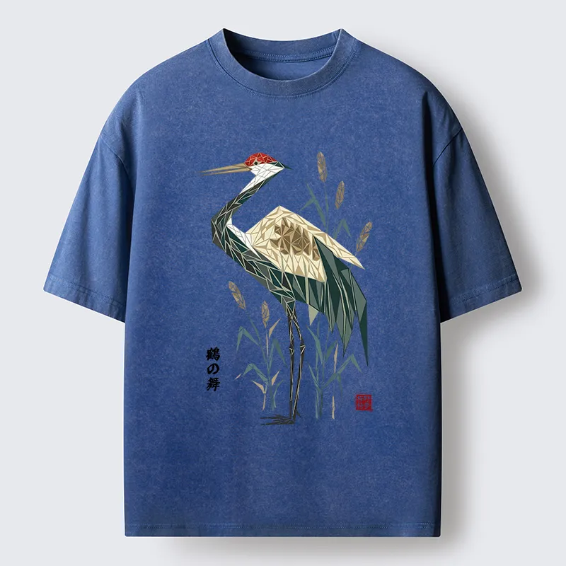 Tokyo-Tiger Geometric Crane Oriental Art Washed T-Shirt