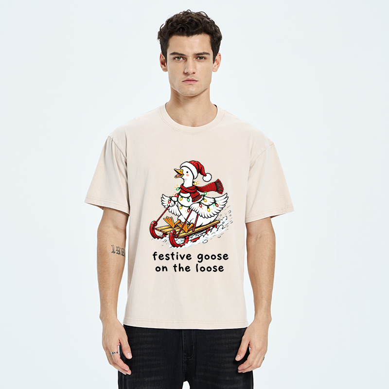 Tokyo-Tiger Funny Christmas Lights Goose Meme Washed T-Shirt