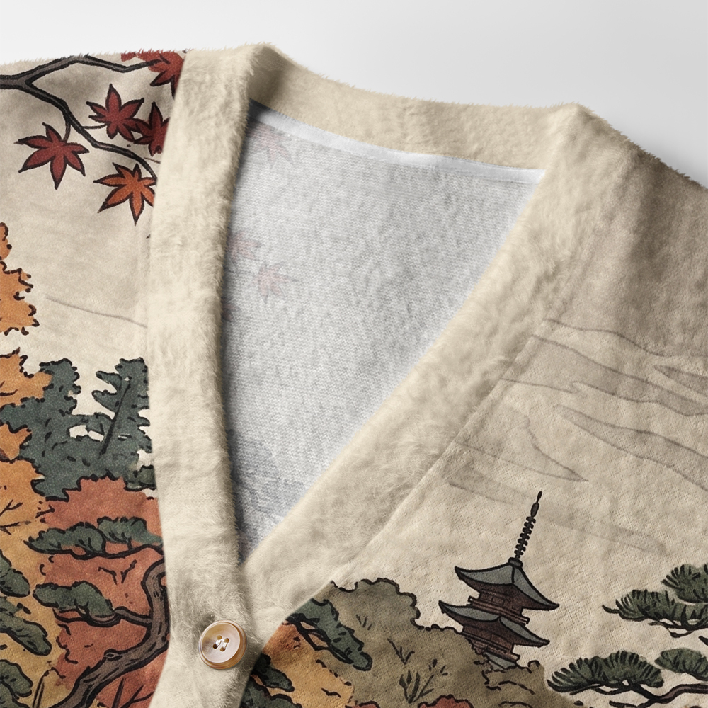 Tokyo-Tiger Two Cranes In Autumn Maple Ugly Cardigan Sweater