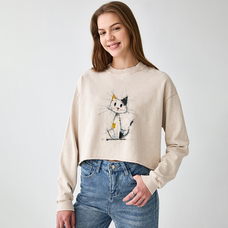Tokyo-Tiger Minimal Splash Ink Cute Cat Washed Crop Sweatshirt