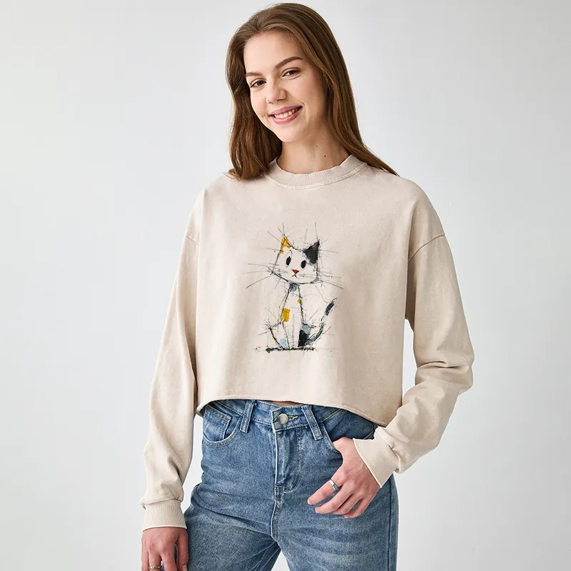 Tokyo-Tiger Minimal Splash Ink Cute Cat Washed Crop Sweatshirt