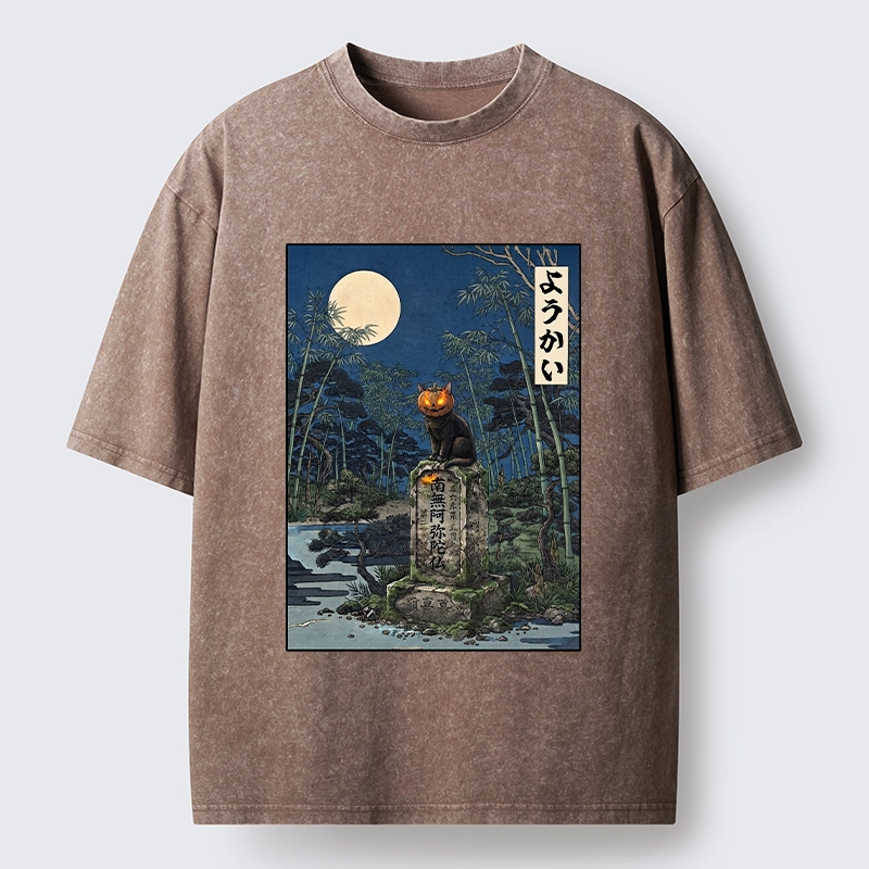 Tokyo‑Tiger Funny Ghost Cat Washed T‑Shirt