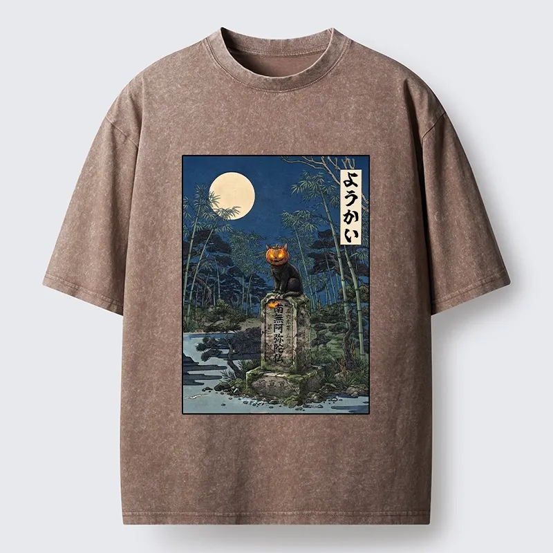 Tokyo‑Tiger Funny Ghost Cat Washed T‑Shirt