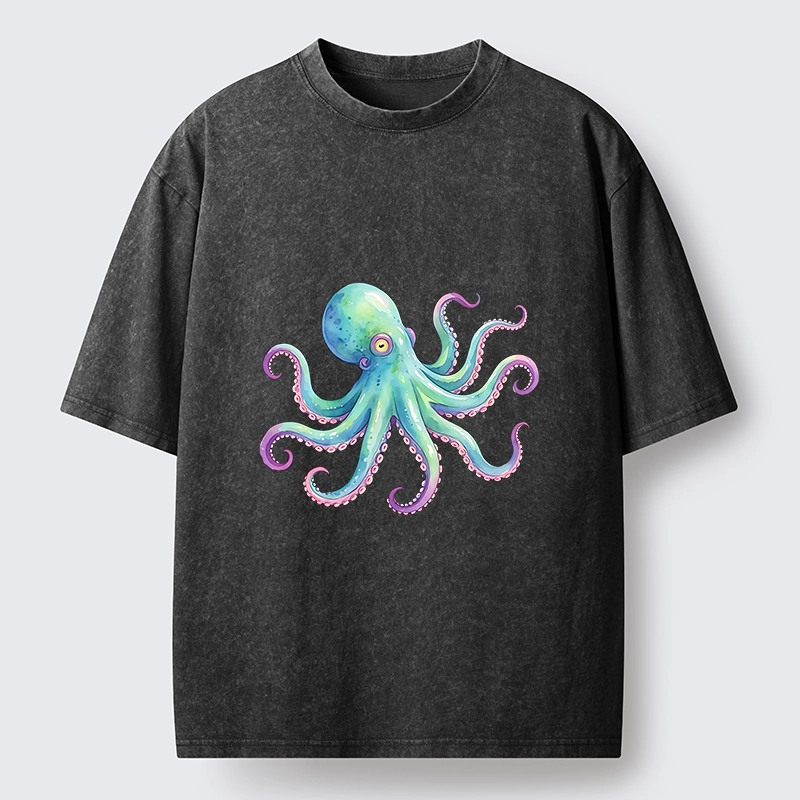 Tokyo‑Tiger Watercolor Octopus Washed T‑Shirt