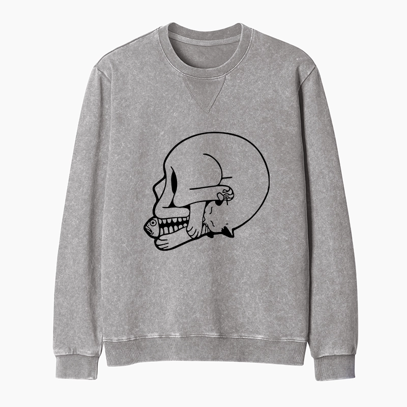 Tokyo-Tiger Funny Cat Eating Fish Washed Terry Sweatshirt