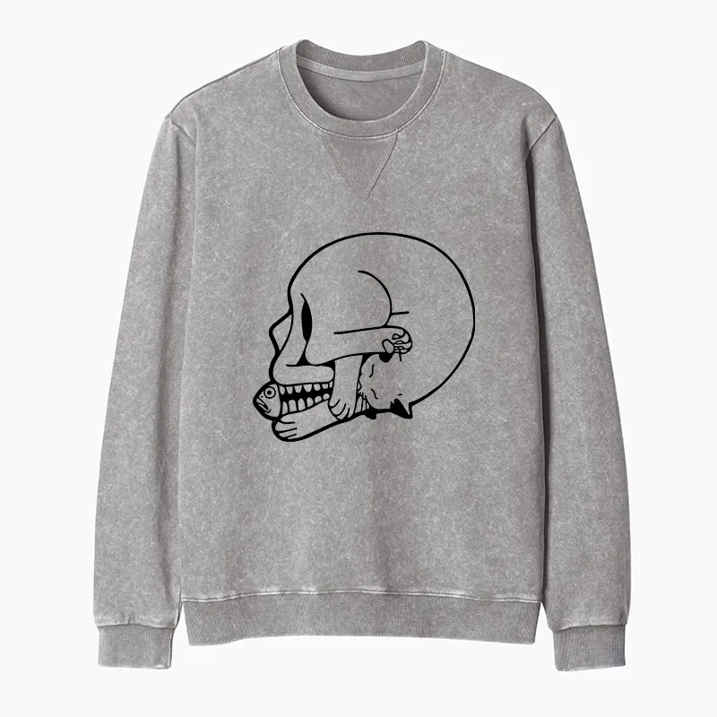 Tokyo-Tiger Funny Cat Eating Fish Washed Terry Sweatshirt