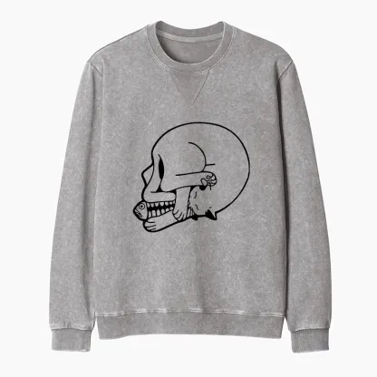 Tokyo-Tiger Funny Cat Eating Fish Washed Terry Sweatshirt