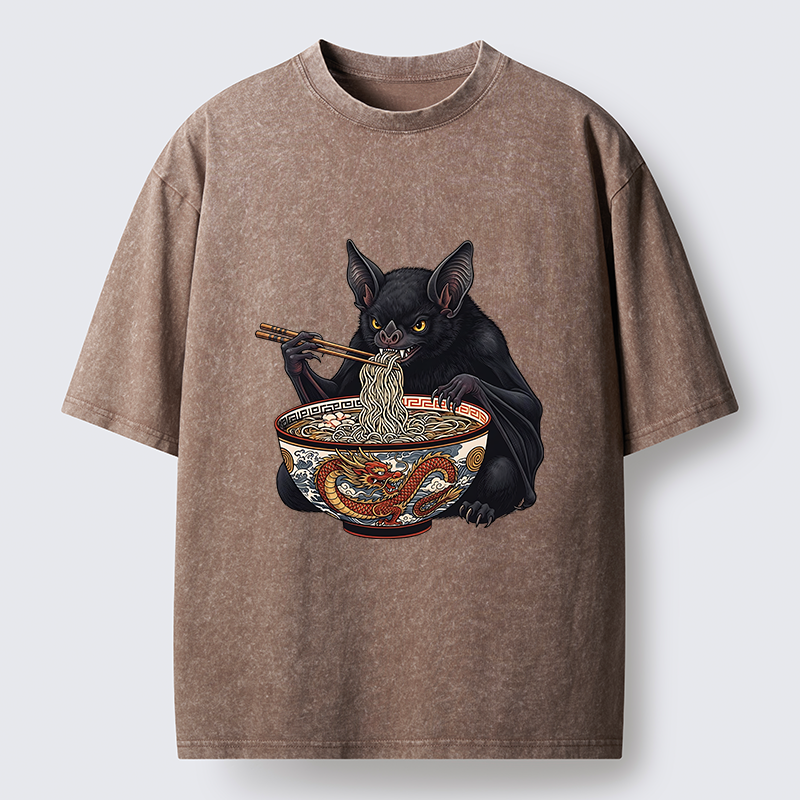Tokyo-Tiger Bat Eating Ramen Washed T-Shirt